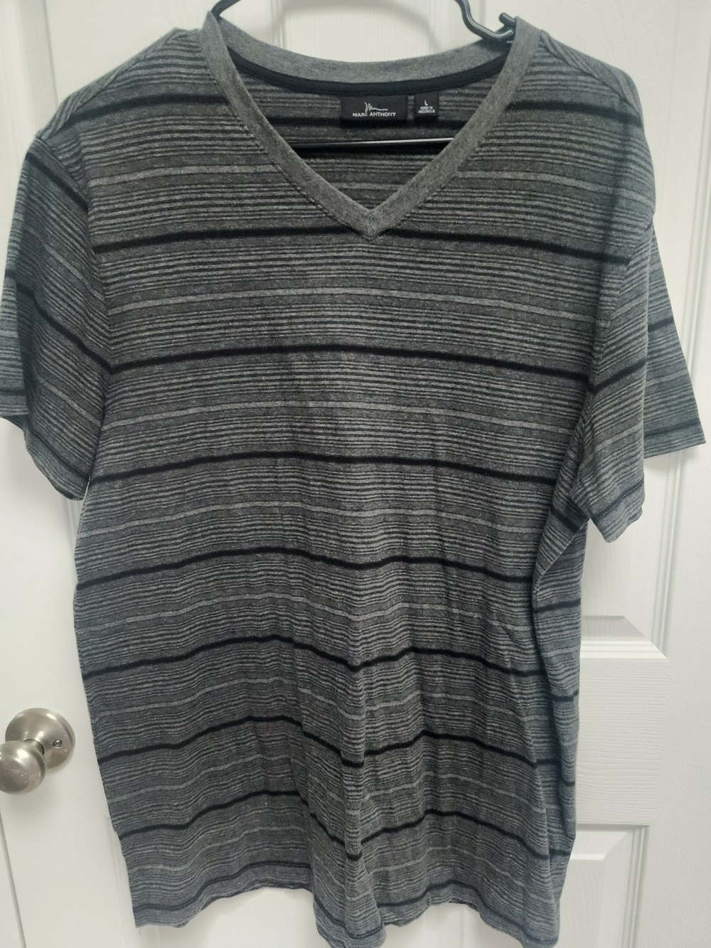 Marc Anthony Men’s Short Sleeve V-Neck Striped Tee - Gray and Black
